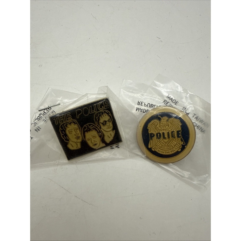 Vintage 1980s Rock & Roll Enamel Pins The Police Shield And Busts NEW